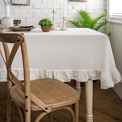 Rustic Flounces Tablecloth Washable Vintage Ruffle Trim Table Cover (White, Rectangle - 60" x 102")