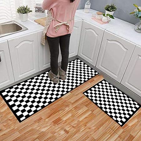 2 Piece Carpet Rubber Backing Non-Slip Kitchen Mat, (17"x23"+17"x47", Black Mosaic)