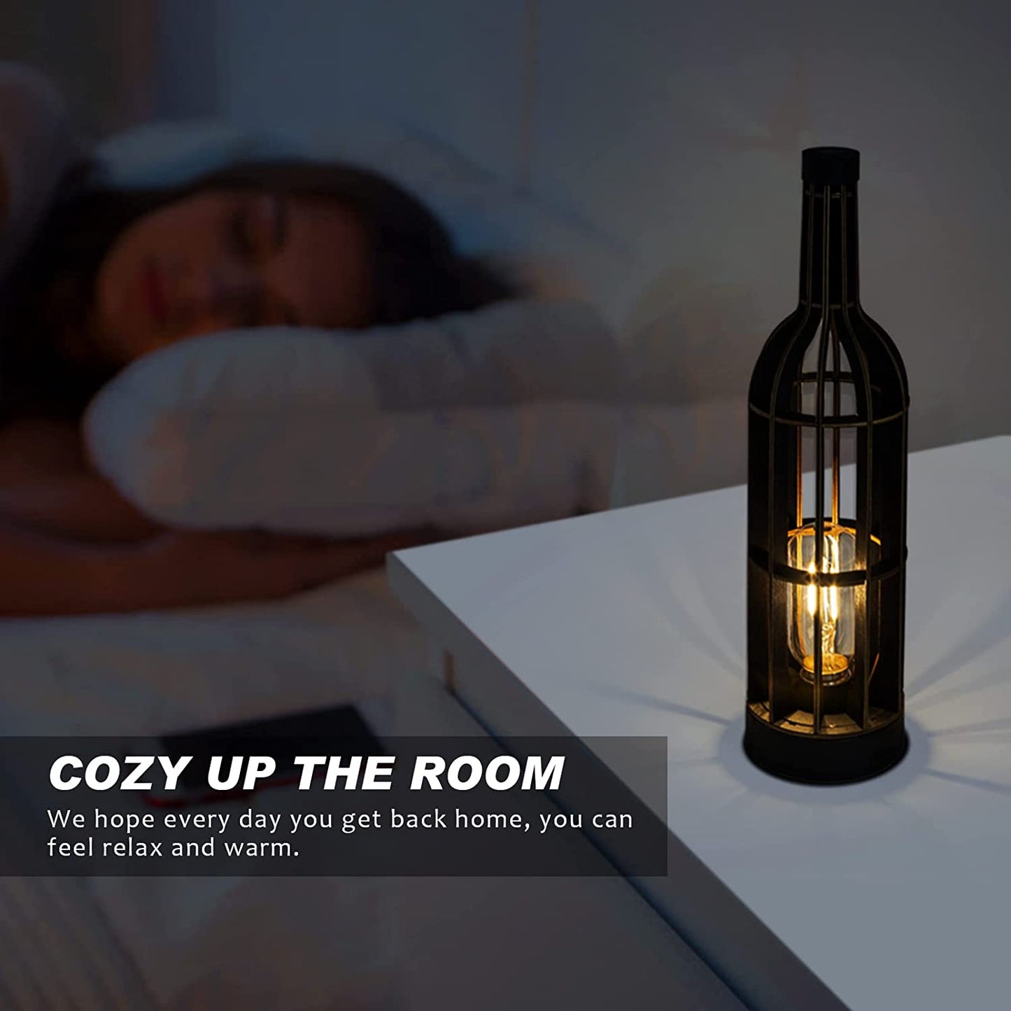 Battery Operated Table Lamps Timer Wooden Wine Bottle Shape Decorative Lamp (Black)