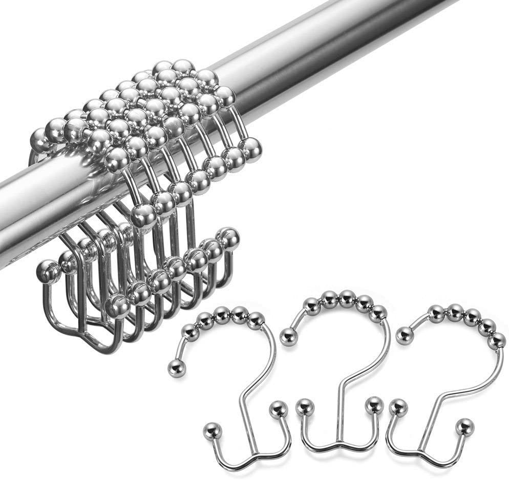 Metal Double Glide Shower Hooks for Bathroom Rods Curtains, Set of 12 Hooks