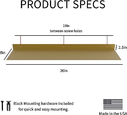 12 Inch Linear Floating Shelf - USA Manufactured Steel - Industrial Heavy Duty Metal Wall Mounted Modern Farmhouse Designed Shelf Ledge (12-in X 8-in Powder Coated Gold)