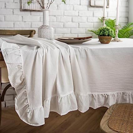 Rustic Flounces Tablecloth Washable Vintage Ruffle Trim Table Cover (White, Rectangle - 60" x 102")