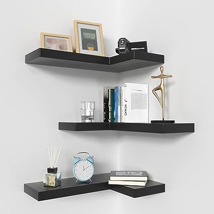 Set of 3, Corner Floating Shelves with Invisible Brackets - Gothic Style 17" x 6" (Black)