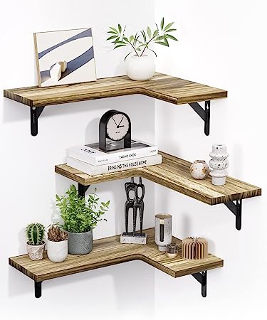 Set of 3 Rustic Wood Wall Mounted Corner Shelves AMFS22