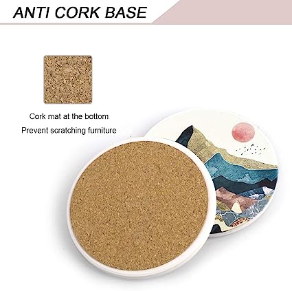 Round Drinks Absorbent Stone Coaster Set With Ceramic Stone and Cork Base (Forest, 4)