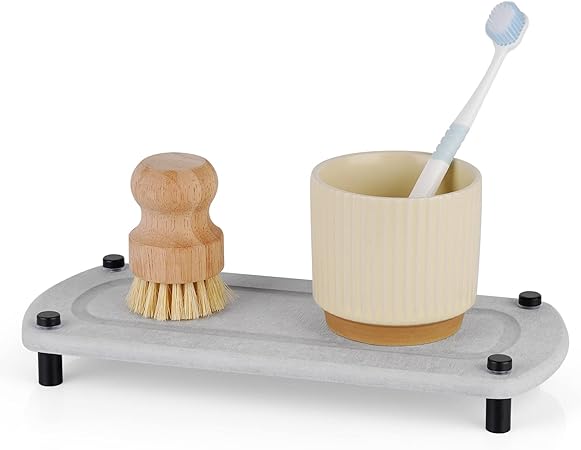 Stone Drying Counter Instant Dry Diatomaceous Earth Sink Caddy Organizer with Stainless Steel Feet (L White)