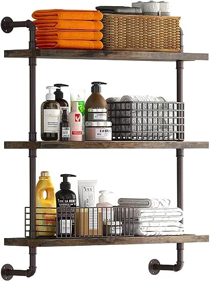 2 Tier Rustic Hanging Shelf with Metal Bracket Wall