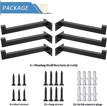 Floating Shelf Brackets Heavy Duty Wall Mounted Shelf Brackets, Black Industrial Iron Square Brackets, Wall Shelf Brackets for Floating Shelves 8 Inch, Hanging Shelving Supports with Lip (6 Pack)