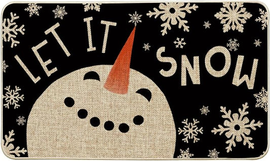 Snow Snowman Christmas Decorative Doormat Black, Seasonal Winter Xmas Holiday Low-Profile Floor Mat Switch Mat for Indoor Outdoor 17 x 29 Inch