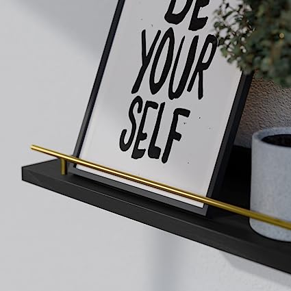 Set of 3 Floating Shelves with Black Metal Guardrail