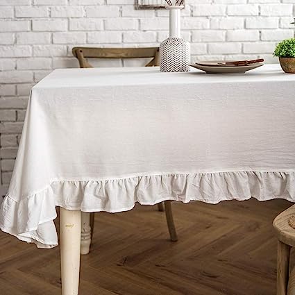 Rustic Flounces Tablecloth Washable Vintage Ruffle Trim Table Cover (White, Rectangle - 60" x 102")