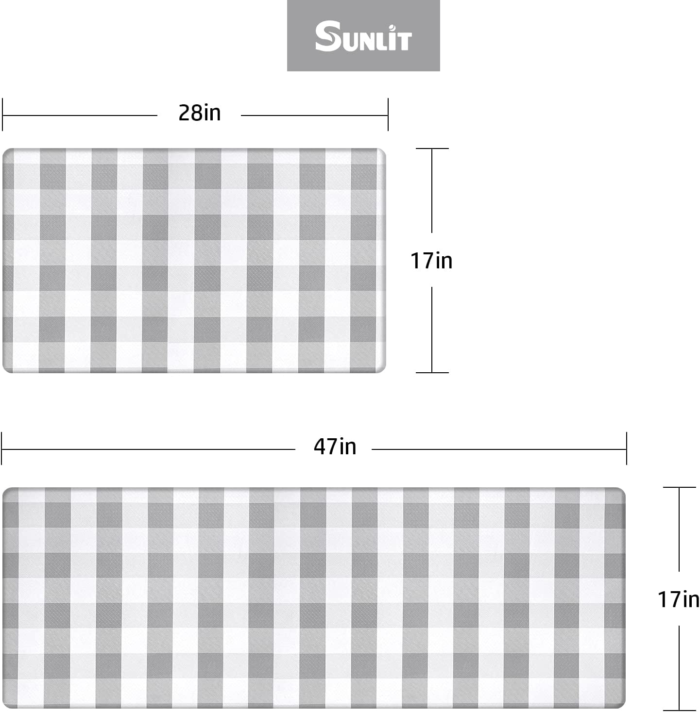 Set of 2 Anti Fatigue, Non Slip Waterproof Comfort, 0.4 Inch Thick, Gray and White Buffalo Plaid (Size:17"x28"&17"x47")