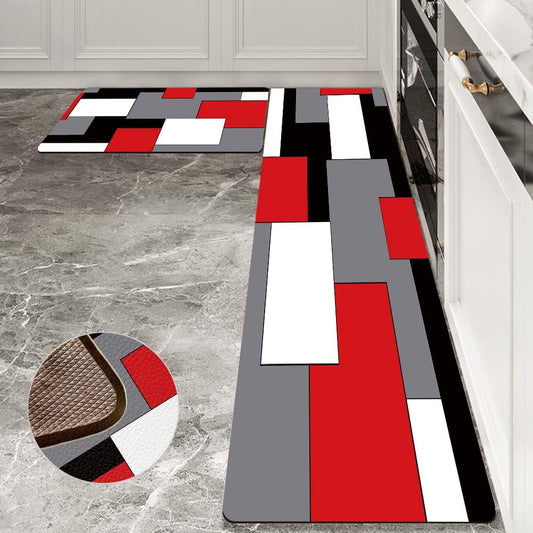 Set 2 Piece Abstract Geometric Art Cushioned Kitchen Rugs  - 17.5"x29.5"+17.5"x47"