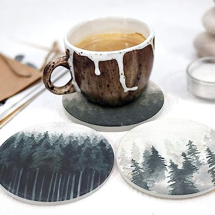 Round Drinks Absorbent Stone Coaster Set With Ceramic Stone and Cork Base (Forest, 4)