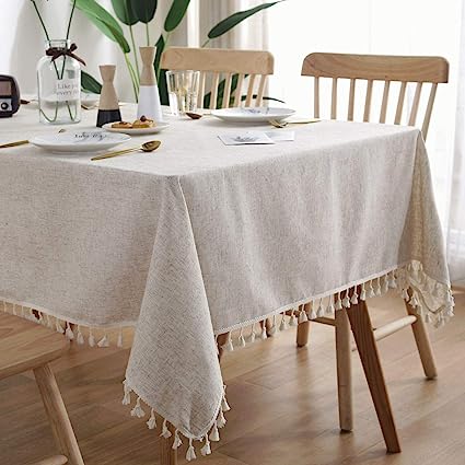 Solid Color Tassel Tablecloth - Cotton Linen Round Table Cover - Linen