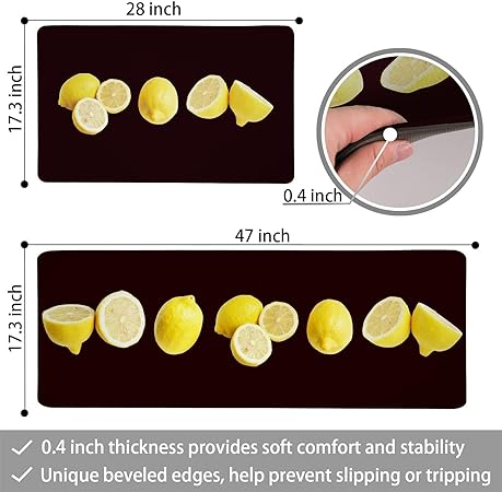 Lemon Yellow 0.4inch Anti Fatigue 3D Print Kitchen Non Slip Comfort Standing  Mats, 17.3x28+17.3x47 Inch