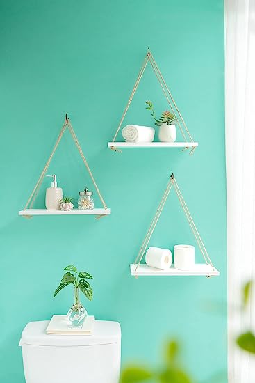 Set of 3 Wood Hanging Shelves for Wall Boho Decor Swing Rope Rustic Floating Shelf