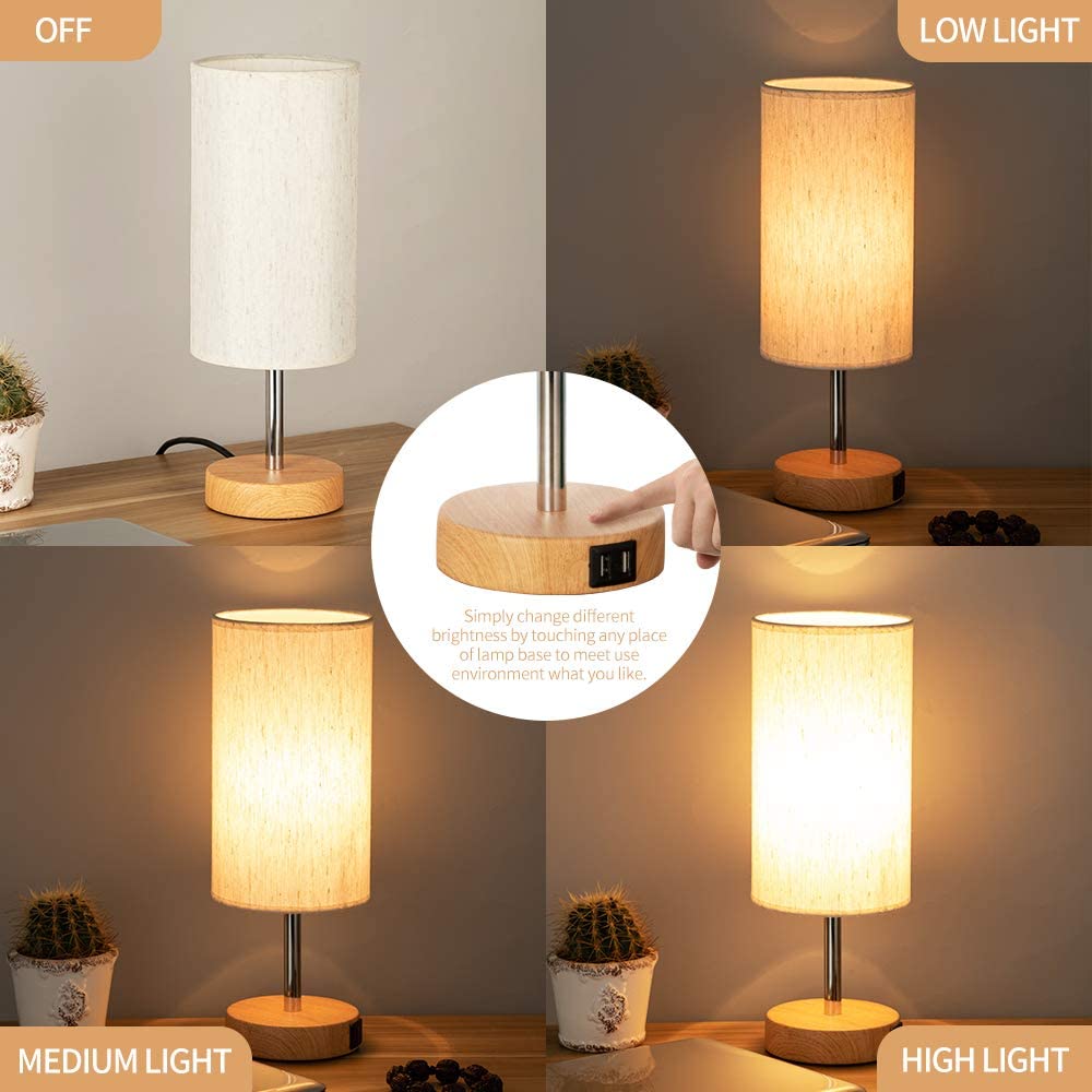 Bedside Lamp with USB port - Touch Wood 3 Way Dimmable Nightstand Lamp with Round Flaxen Fabric Shade