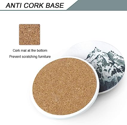 Round Drinks Absorbent Stone Coaster Set With Ceramic Stone and Cork Base (Forest, 4)