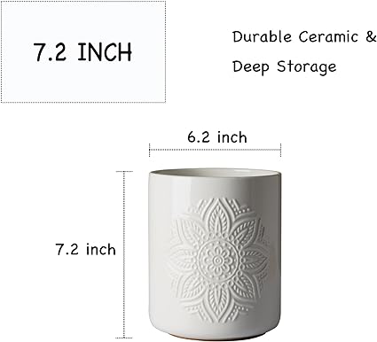 7.2” Large Ceramic Cooking Utensil Holder with Cork Mat for Countertop,