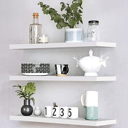 Set of 3 White Floating Shelves for Wall with Invisible Brackets,