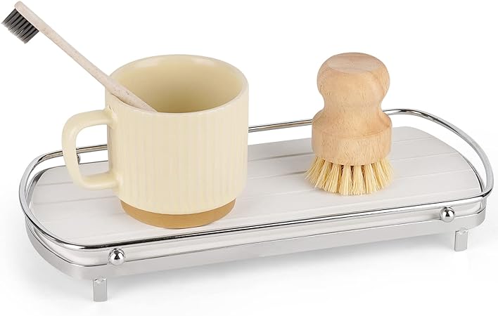Stone Drying Counter Instant Dry Diatomaceous Earth Sink Caddy Organizer with Stainless Steel Feet (L White)