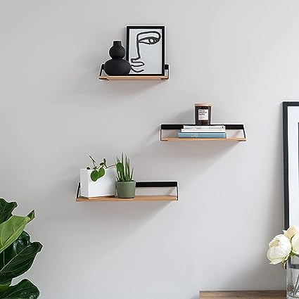 Finn- | 3 Part Floating Shelf Set Made of Metal and Real Wood Veneer