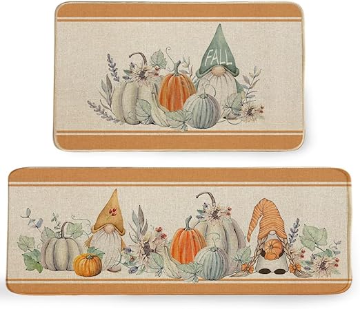 Set of 2 Pumpkins Gnomes Stripe Farmhouse Seasonal Holiday Party Decorations 17x29 and 17x47 Inch (Orange) GK069