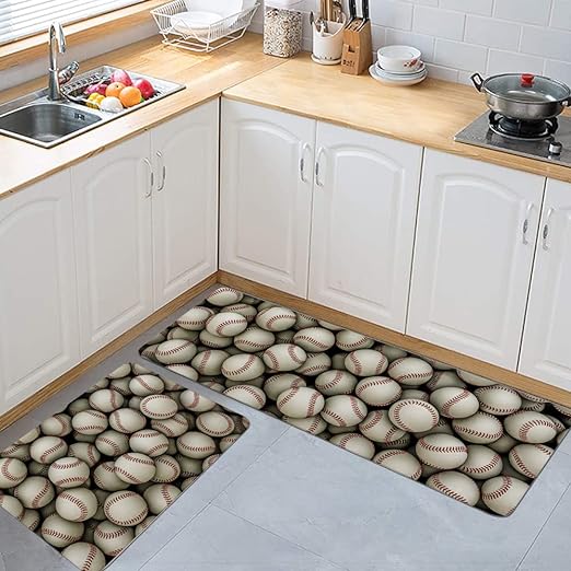 Anti Fatigue Seamless Baseball 2 Piece Non Slip Waterproof Rugs and Mats 15.7 Inch x 23.7 Inch+ 15.7 Inch x 47 Inch