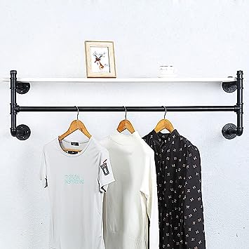 Industrial Pipe Clothing Rack Wall Mounted Wood Shelf,Pipe Shelving Floating Shelves,Retail Garment Rack Display Rack Clothes Racks(1 Tier,30in)