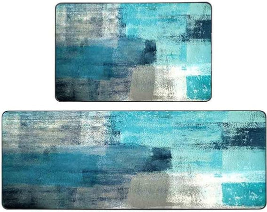 Turquoise Grey Abstract Art Painting Non-Slip Farmhouse Kitchen Rugs, 17"X48"+17"X24"