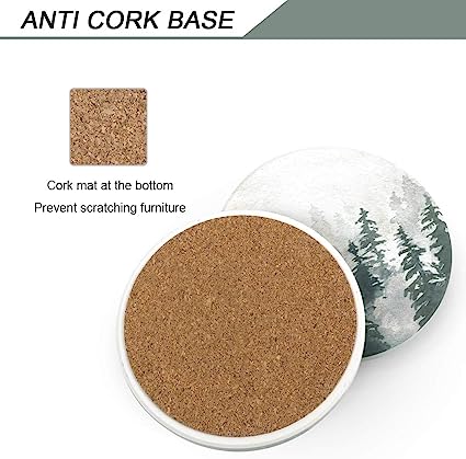 Round Drinks Absorbent Stone Coaster Set With Ceramic Stone and Cork Base (Forest, 4)