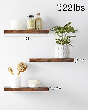 Set of 3 Wall Mounted Rustic Wood Shelves Room Decor with 22lbs Capacity