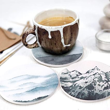 Round Drinks Absorbent Stone Coaster Set With Ceramic Stone and Cork Base (Forest, 4)