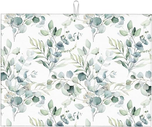 Dish Drying Mat Microfiber for Kitchen Counter Blue and Green Leaves Absorbent Dish Draining Reusable Washable Extra Large 18"x24"