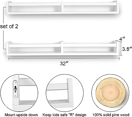 Floating Nursery Book Shelves for Wall Set of 2, Classic White Wall Bookshelf for Kids Room,Book Shelf for Kids Rooms Bedroom Bathroom (16.5 inches Set of 2 White)