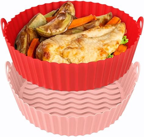 2 Pack Air Fryer Silicone Baking Tray 7.5inch for 3 to 5 Qt Reusable (Blue+Grey)