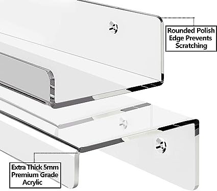 36 Inches Floating Shelves Wall Mounted Clear Acrylic Shelves for Figures, Invisible Floating Bookshelf for Kids and Nursery, 2 Pack (5MM Thick)