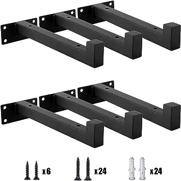 Floating Shelf Brackets Heavy Duty Wall Mounted Shelf Brackets, Black Industrial Iron Square Brackets, Wall Shelf Brackets for Floating Shelves 8 Inch, Hanging Shelving Supports with Lip (6 Pack)