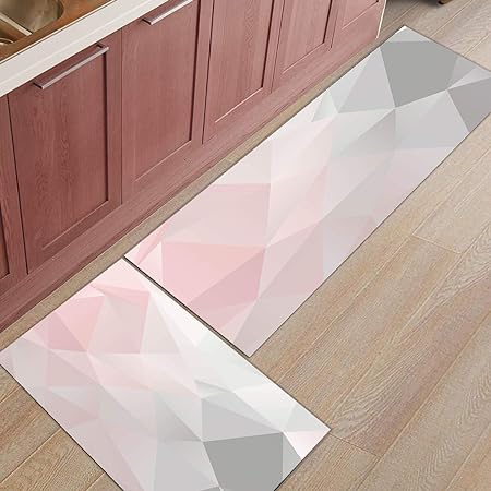 Pink Grey Gradient Geometry Triangle, Soft Waterproof Non-Slip Rubber Backing Floor Mats, 15.7x23.6in + 15.7x47.2in