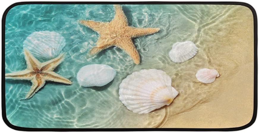 Blue Wood Plank Print Non Slip Beach Starfish Entryway Hallway Washable Home Decor 39" X 20"