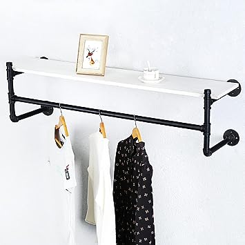 Industrial Pipe Clothing Rack Wall Mounted Wood Shelf,Pipe Shelving Floating Shelves,Retail Garment Rack Display Rack Clothes Racks(1 Tier,30in)