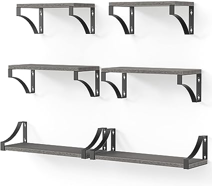 Set of 3 Floating Shelves with Heavy Duty Metal Frame, Hold up to 55lbs, Gray