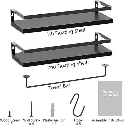 Home Decor Floating Shelves with Towel Bar/Hooks, (Gold-White)