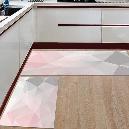 Pink Grey Gradient Geometry Triangle, Soft Waterproof Non-Slip Rubber Backing Floor Mats, 15.7x23.6in + 15.7x47.2in