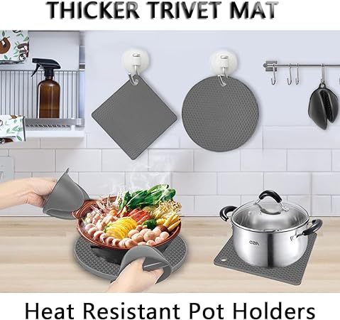 Heat Resistant Counter Silicone Trivet Pot Mat, 4 Pack Black(2 Squared + 2 Round)