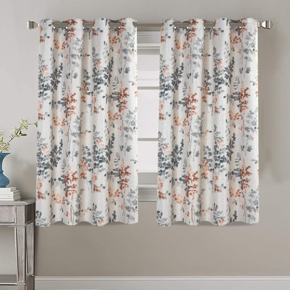 Linen Blackout Curtains 63 Inches Burlap Effect Linen Curtain Draperies for Grey Floral Printing Grommet 2 Panel