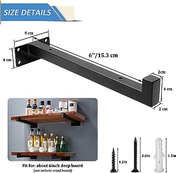 Floating Shelf Brackets Heavy Duty Wall Mounted Shelf Brackets, Black Industrial Iron Square Brackets, Wall Shelf Brackets for Floating Shelves 8 Inch, Hanging Shelving Supports with Lip (6 Pack)