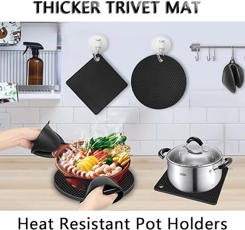 Heat Resistant Counter Silicone Trivet Pot Mat, 4 Pack Black(2 Squared + 2 Round)