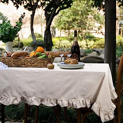 Rustic Flounces Tablecloth Washable Vintage Ruffle Trim Table Cover (White, Rectangle - 60" x 102")